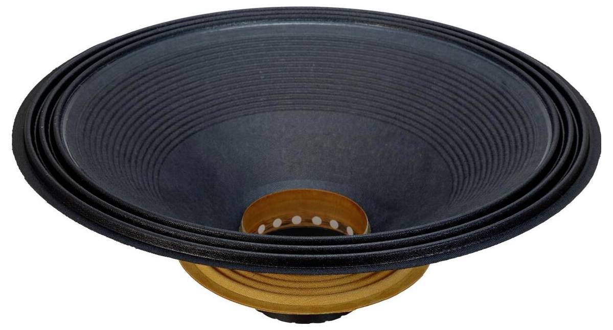 Detailní záběr na černý kuželový reproduktor s vroubkovaným povrchem a hnědým vnitřním kroužkem, který vykazuje jeho detailní design a strukturu.