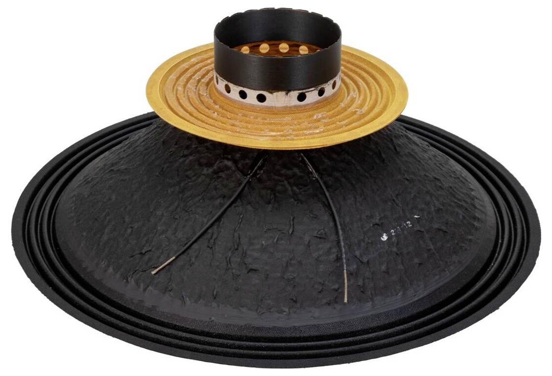Detailní pohled na velký černý kužel reproduktoru s vlnitou hranou, kterou předvádí centrální kruhový žlutý oddíl a připojená kulatá černá součást.