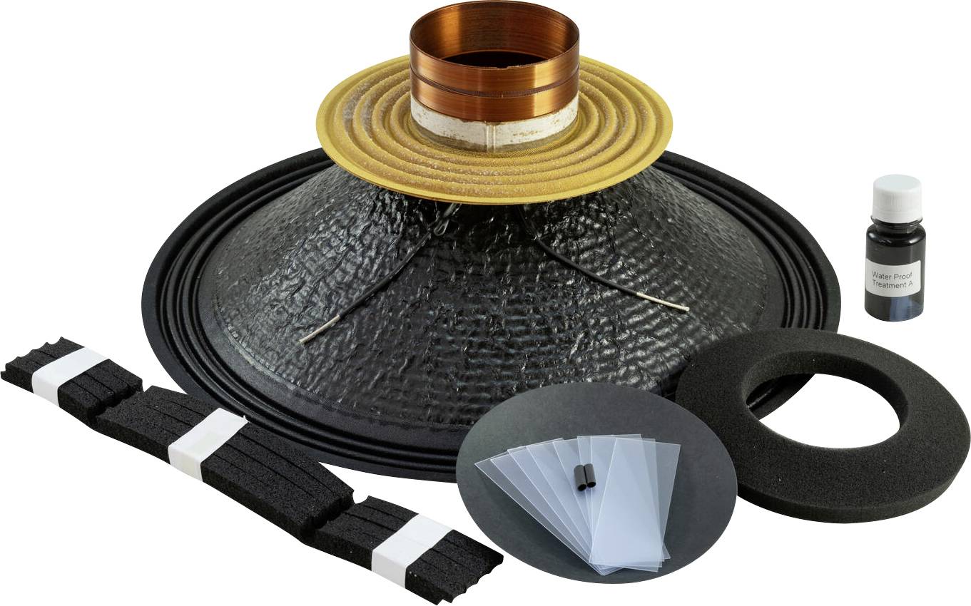 Souprava na opravu reproduktoru včetně membrány, hlasivkové cívky, těsnění, lepidla, pěnové výztuže a podložek pro renovaci audio zařízení.