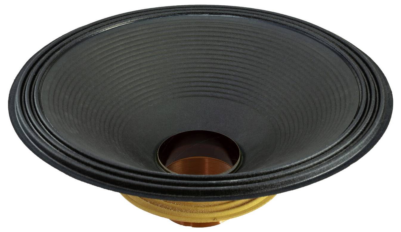 Prázdný černý reproduktorový difuzor s měděnou cívkou na podstavci, pohled shora.