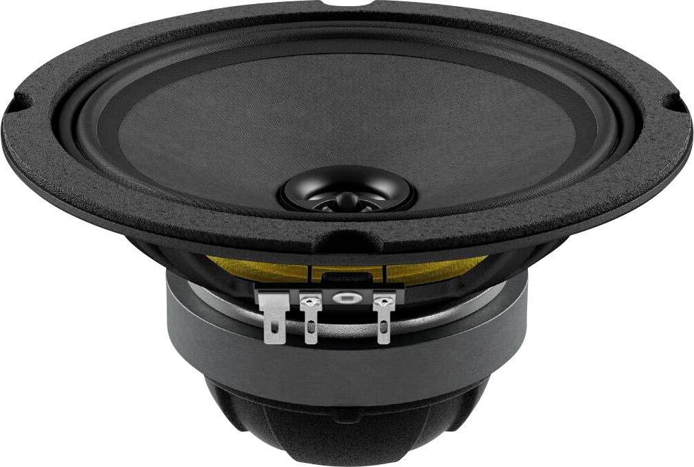 Kulatý černý reproduktor s tvarovanou membránou, pohled zepředu. Má centrální kopuli, kovový rámeček a konektory.