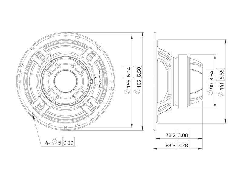 Technický výkres reproduktoru s rozměry. Přední pohled ukazuje průměr 156 mm, boční pohled ukazuje hloubku 78,2 mm.