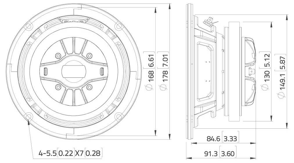 Dva technické výkresy kruhového reproduktoru: přední a boční pohled s označenými rozměry, ukazující specifikace montáže a hloubky.