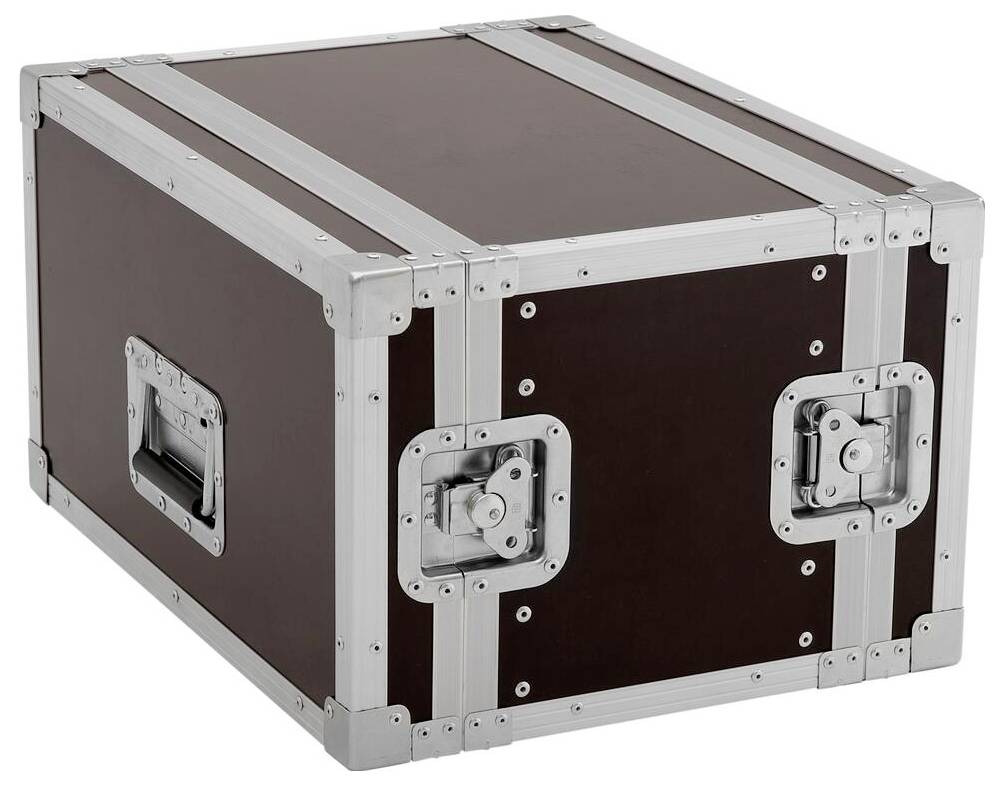Hnědý skladovací box s kovovými výztuhami a madly na stranách, používaný pro bezpečnou dopravu zařízení nebo materiálů.
