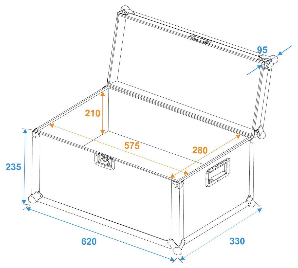 Diagram otevřené skladovací skříně se zobrazením rozměrů: šířka 620mm, hloubka 330mm, výška 235mm. Vnitřní rozměry: šířka 575mm, hloubka 280mm. Výška víka 95mm.