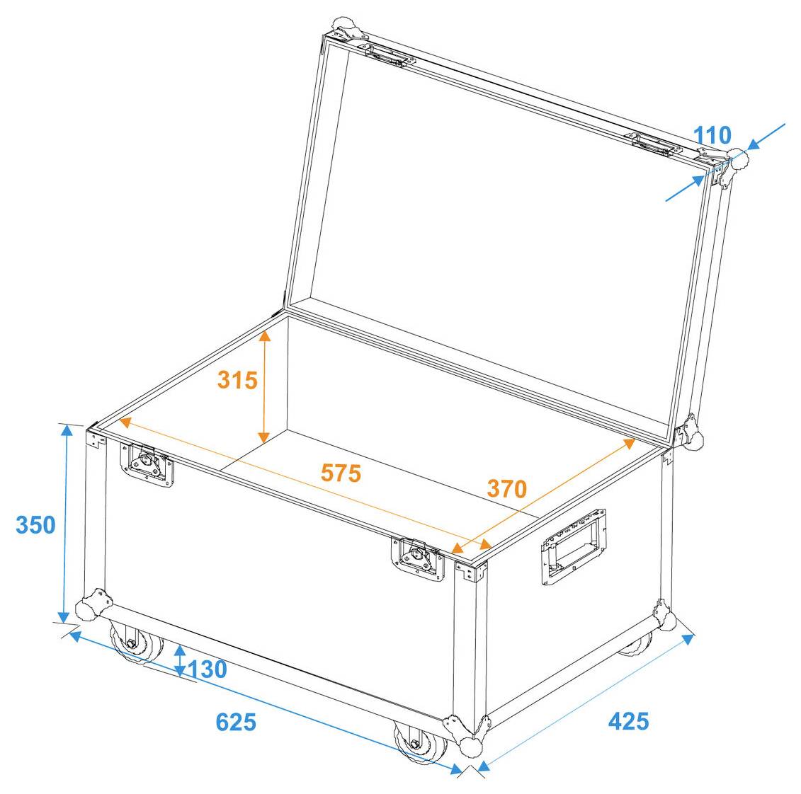 Otevřený skladovací kufr na kolečkách se vnitřními rozměry: 575x370x315 mm, vnějšími rozměry: 625x425x350 mm.