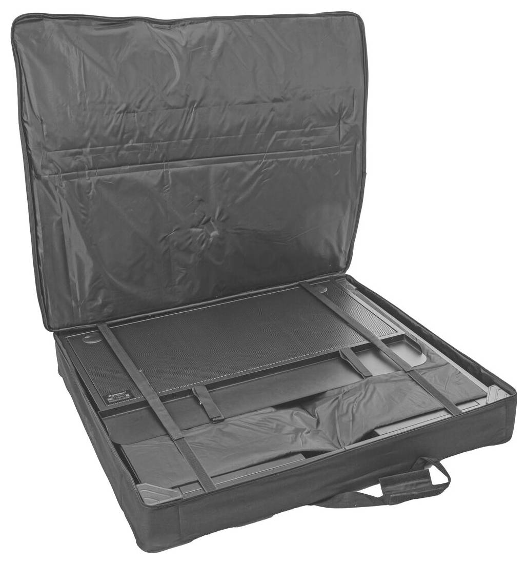 Otevřené černé pouzdro na přepravu notebooku s popruhy, zobrazující prostor pro notebook a příslušenství a rukojetí pro snadnou dopravu.