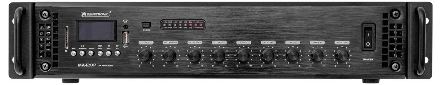 Zesilovač zvuku 'AudioTrak MA-202F MKII' s 10 otočnými ovládacími prvky, displejem a tlačítkem napájení na přední straně. Černé kovové pouzdro.