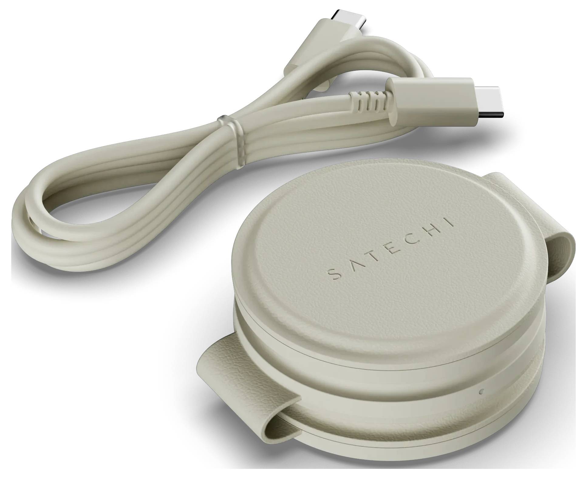 Béžová nabíječka Satechi s konektorem USB-C s kompaktním, skládacím designem a odpovídajícím kabelem USB-C.