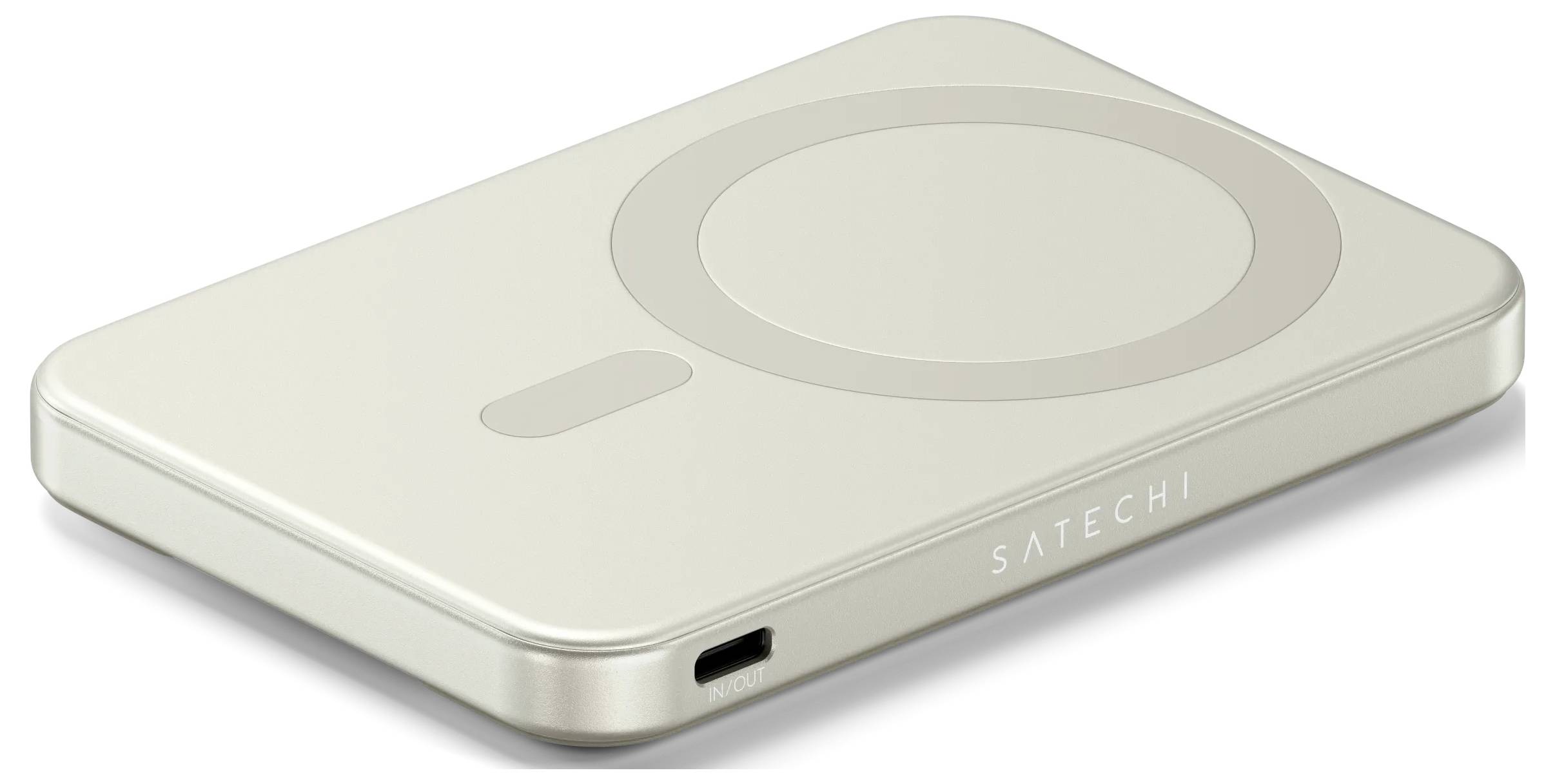 Lehce zbarvená obdélníková bezdrátová nabíječka s kruhovým nabíjecím podložkou a portem USB-C na straně. Název značky "Satechi" je na okraji.