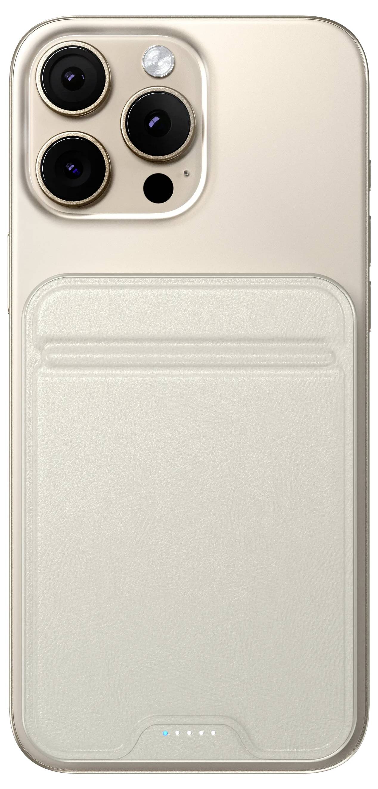 Zlatý smartphone s krémově zbarvené peněženkou připevněnou na zádech. Telefon má trojitou kamerovou sadu a blesk.