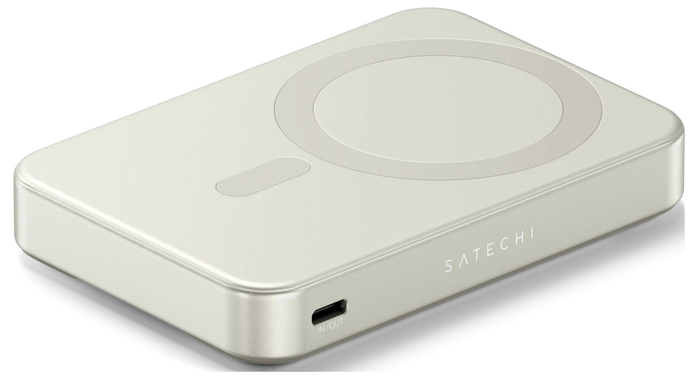 Elegantní obdélníková bezdrátová nabíječka s logem "SATECHI" ve světlé barvě, s kruhovou nabíjecí plochou a portem USB-C na straně.