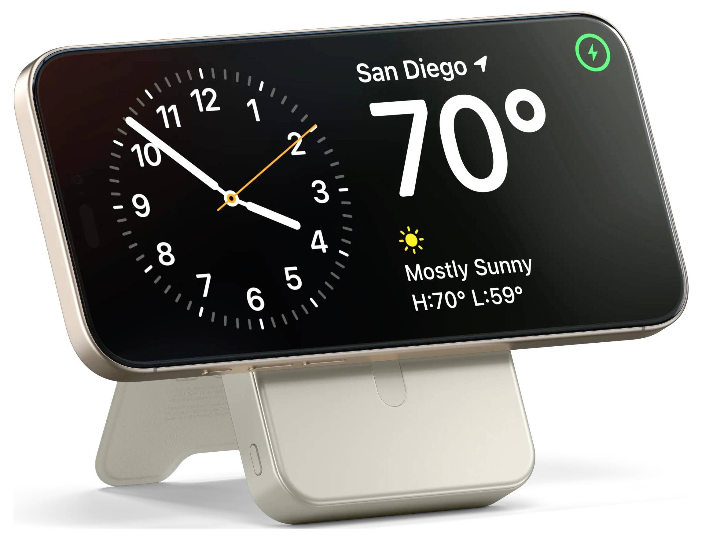 Chytrý telefon zobrazuje widgety hodin a počasí se „San Diego", ukazující 70°F, „Převážně slunečno" a maximální teplotu 70°F, minimální teplotu 59°F.