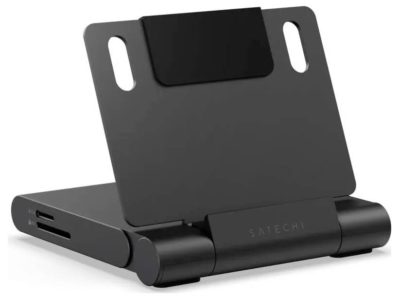 Černý stojan na laptop/dokovací základna Satechi s nastavitelnou opěrkou zad a větrací otevřením na stranách, zobrazen na bílém pozadí.