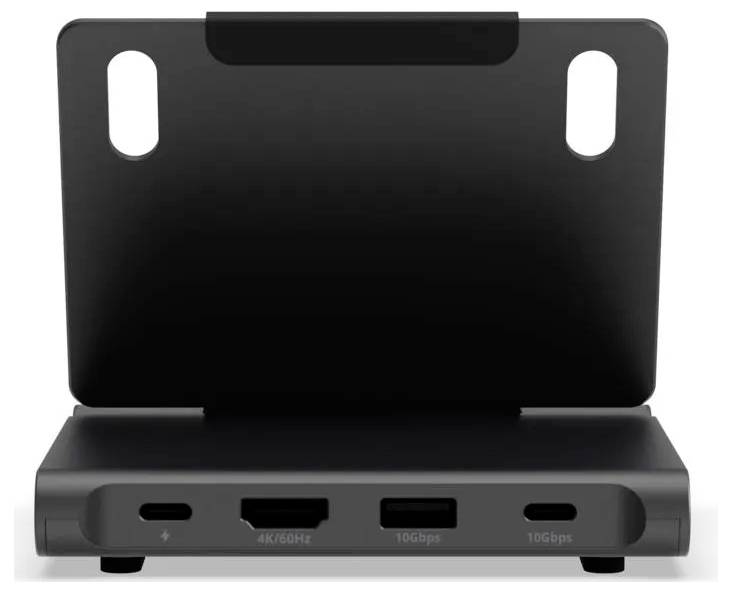 Kompaktní černá dokovací stanice nebo rozbočovač se zadní podpěrou a čtyřmi předními porty, včetně spojení 4K/60Hz, 10Gbps a USB-C.