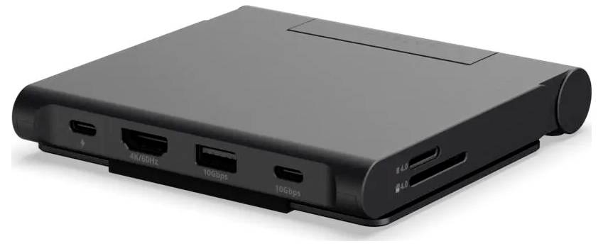 Černé obdélníkové elektronické zařízení se zaoblenými hranami a více porty na přední a boční straně, zobrazené v úhlovém pohledu produktu na bílém pozadí.