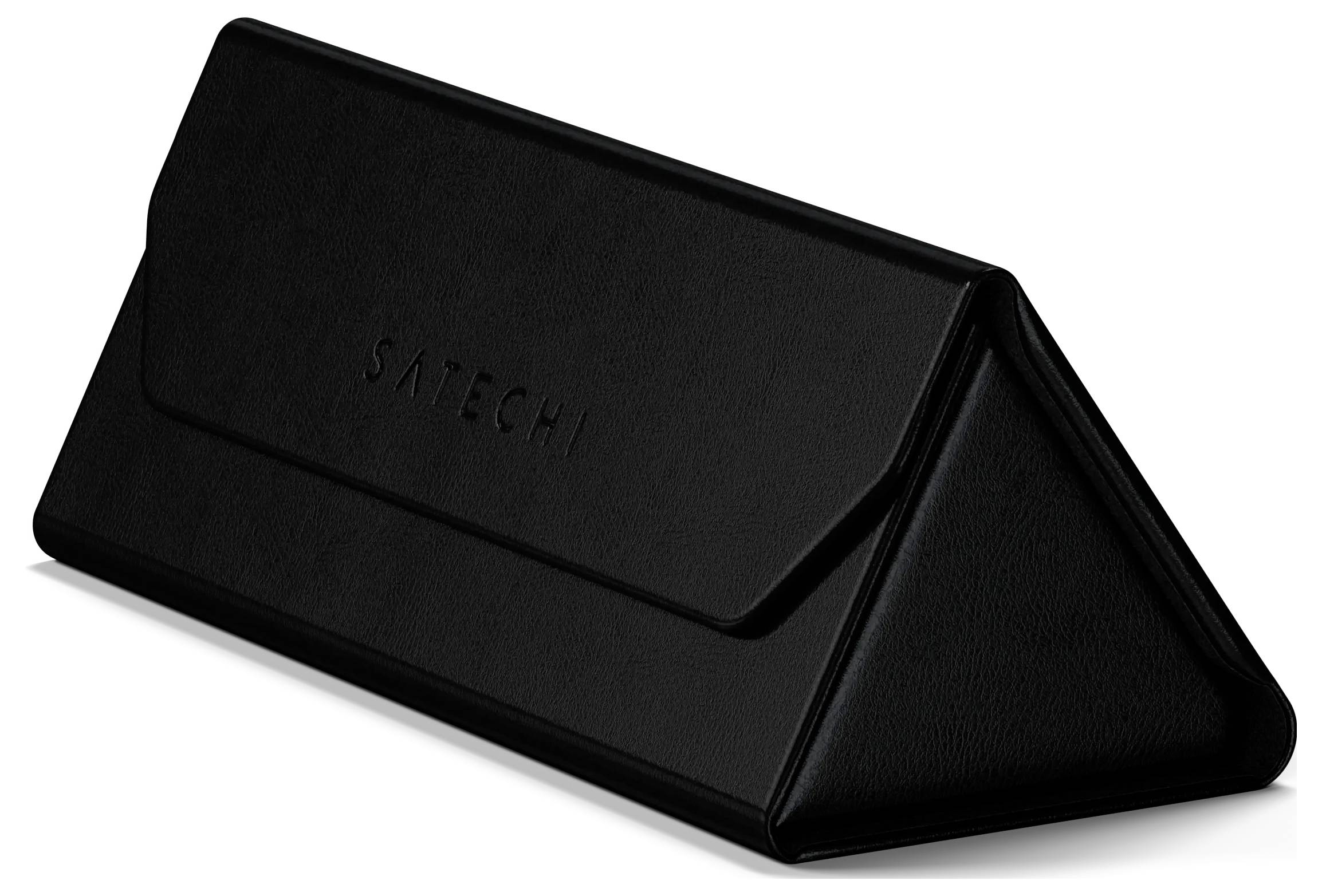 Černý trojúhelníkový stojan nebo držák Satechi s elegantním, minimalistickým designem.