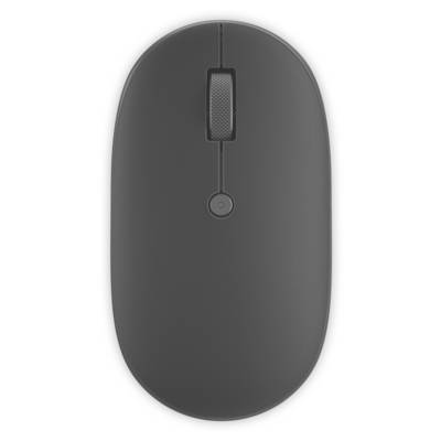 Černá bezdrátová počítačová myš zobrazená z pohledu shora, zdůrazňující její kolečko na posun a elegantní design.