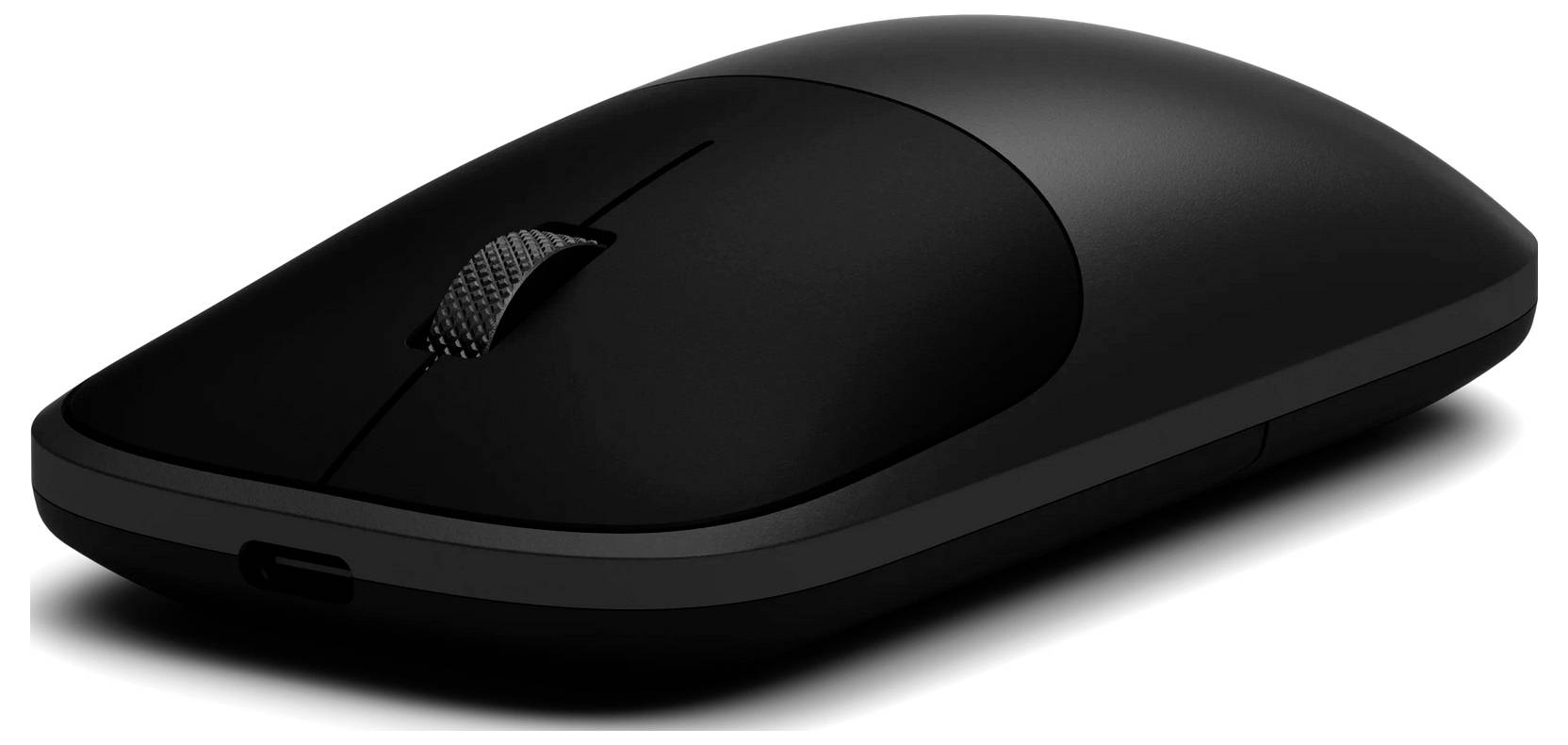 Elegantní černá bezdrátová počítačová myš s kolečkem na posun, navržená pro ergonomické používání, umístěná na bílém pozadí.