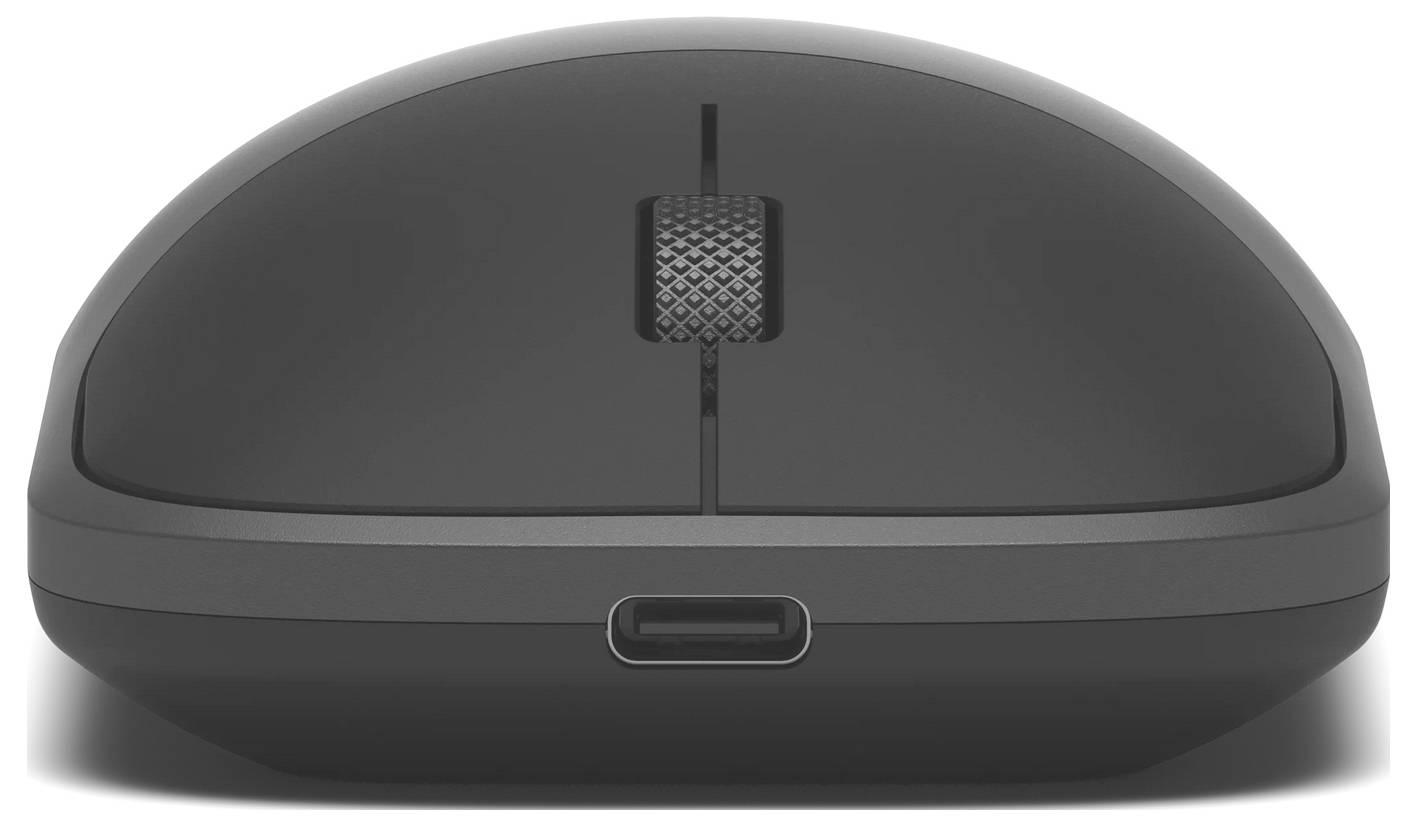 Černá počítačová myš seScrollwheel kolečkem, pohled zepředu, s portem USB-C pro nabíjení umístěným pod kolečkem.