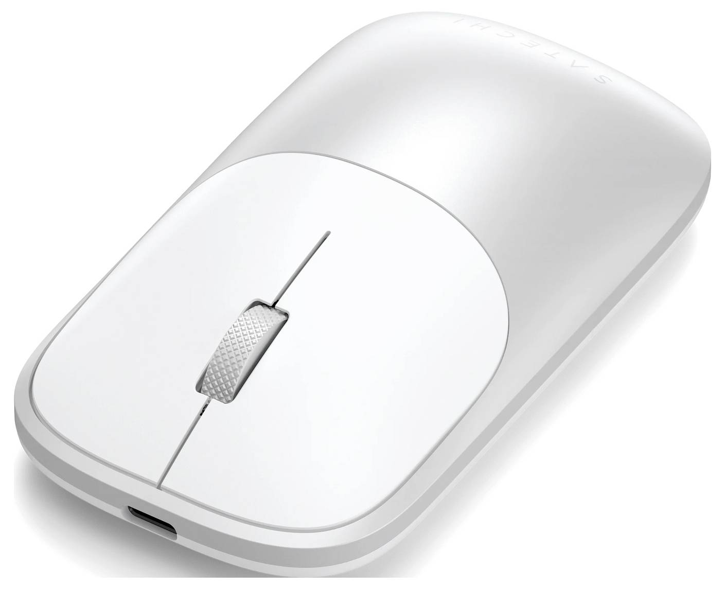 Elegantní bílá bezdrátová počítačová myš se scrollovacím kolečkem a portem USB-C pro nabíjení na přední straně.