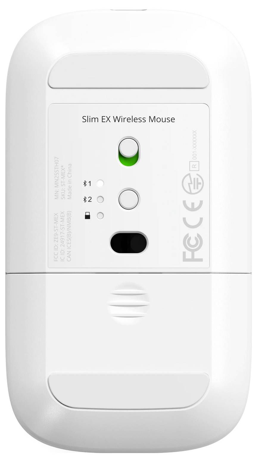 Obrázek zobrazuje spodní stranu bílé bezdrátové myši s textem „Slim EX Wireless Mouse" a tlačítky připojení a indikátory.