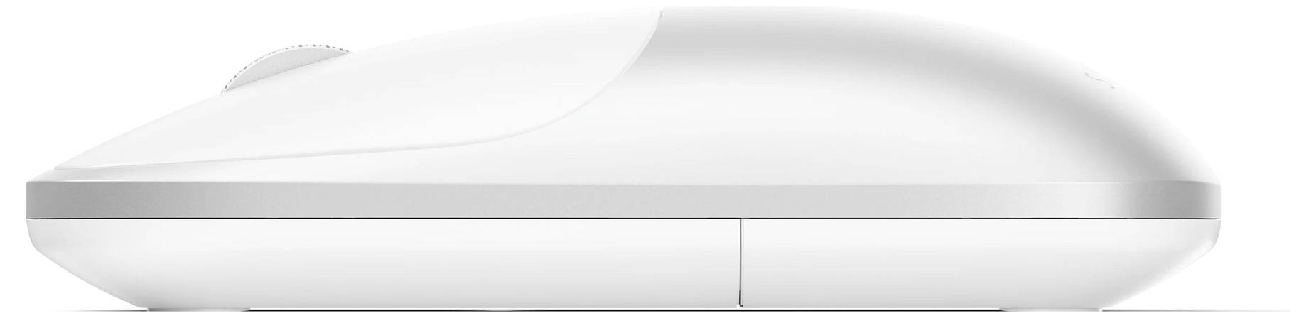 Bílá počítačová myš se štíhlým, minimalistickým designem zobrazená z boku.