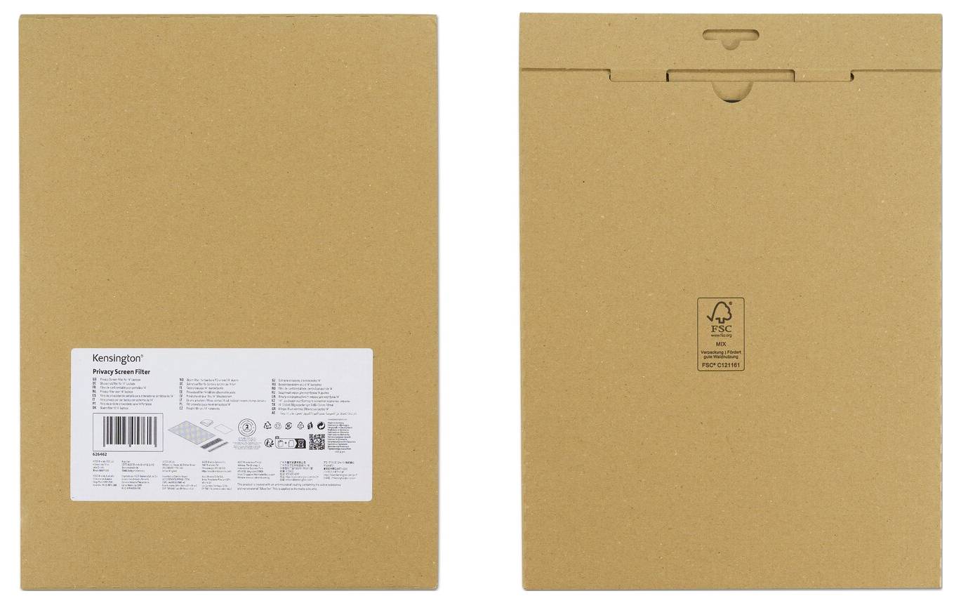 'Kensington Heavy-Duty Fiber' balení produktu zobrazující přední a zadní stranu hnědé krabice z lepenky s logem FSC recyklovatelného materiálu na zadní straně.