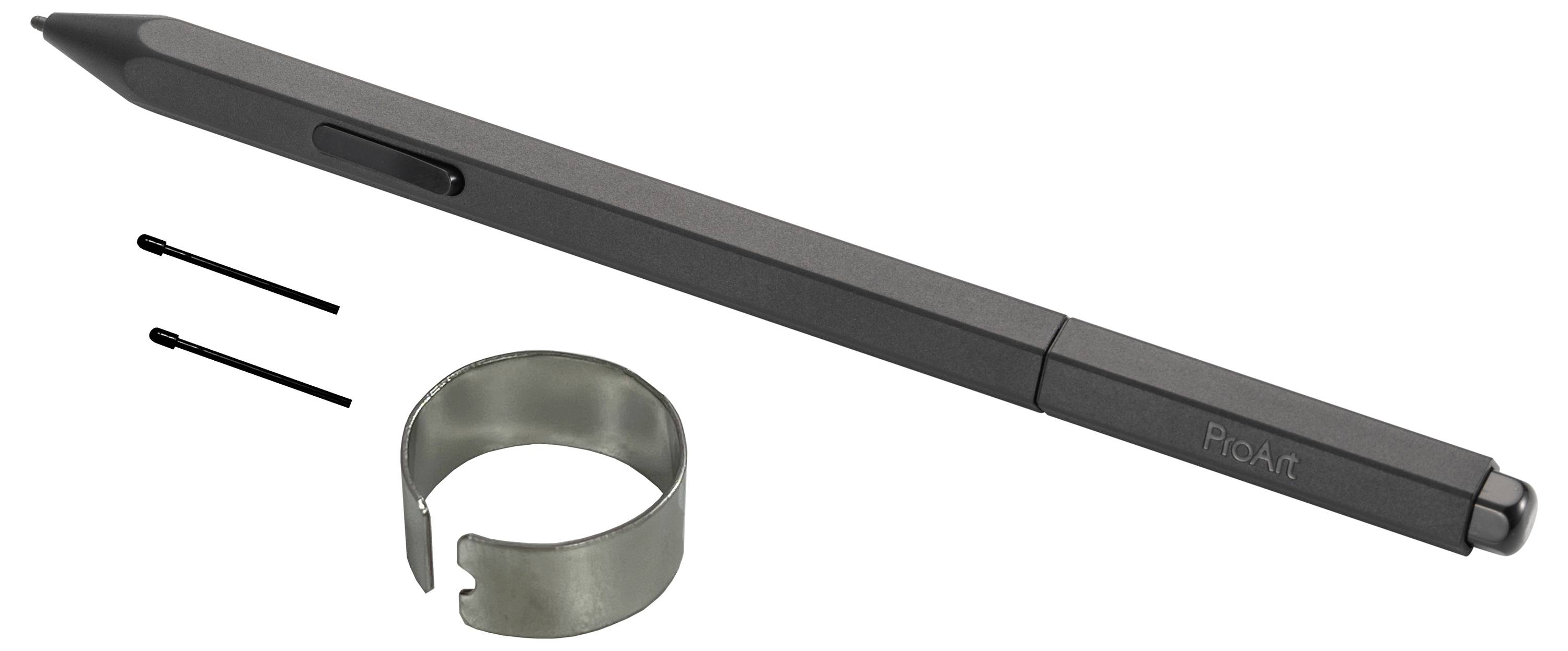 Digitální stylus pero se dvěma malými náhradními hroty a kovovým klipem, vhodné pro použití s tablety a zařízeními s dotykovým displejem.