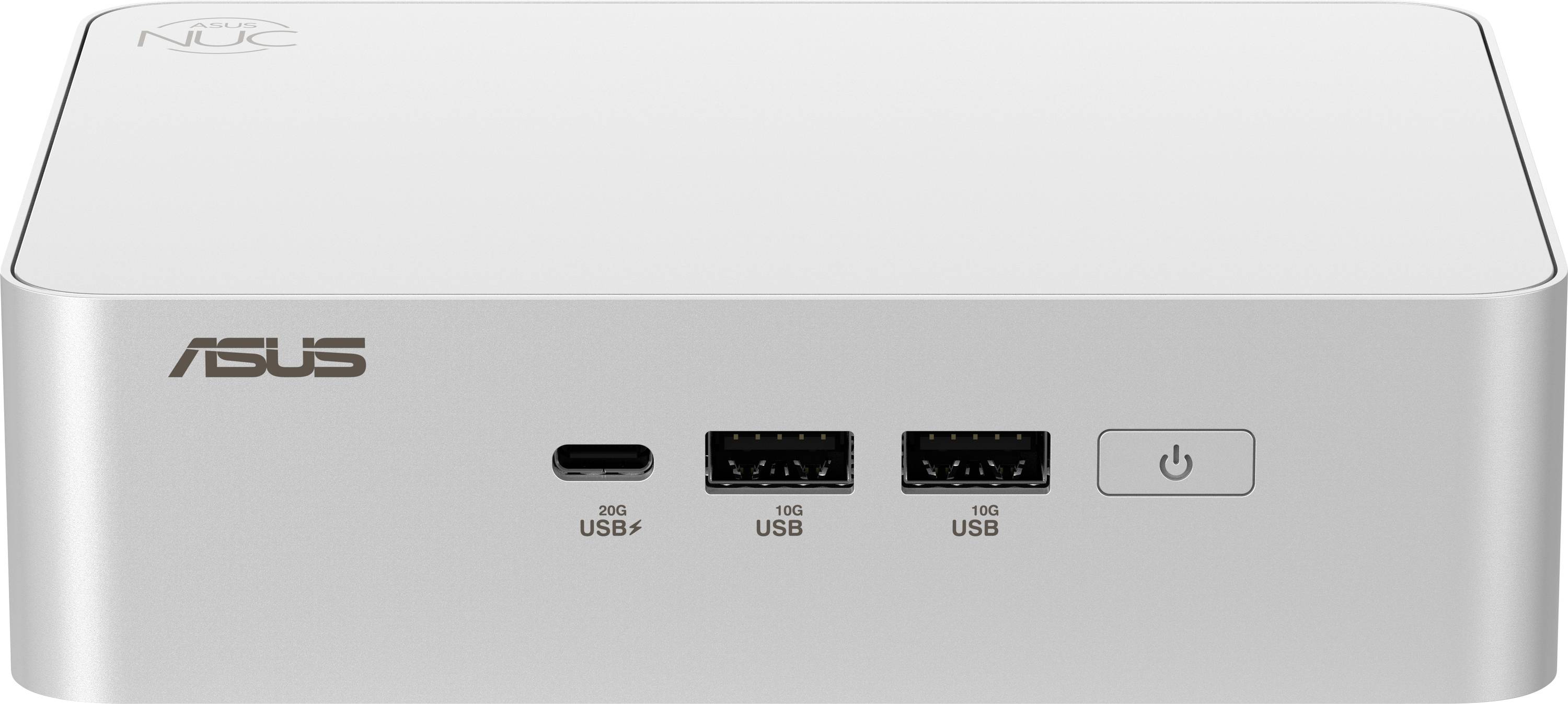 Kompaktní ASUS mini PC v stříbrném pouzdře s bílým vrcholem, vybavený dvěma porty USB-A, jedním portem USB-C a tlačítkem napájení na přední straně.