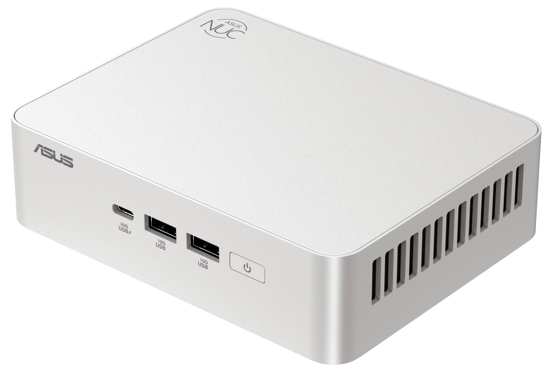Kompaktní bílý mini PC od ASUS se dvěma USB porty, HDMI portem a tlačítkem napájení na přední straně, značkou na horní ploše a ventilací na boku.