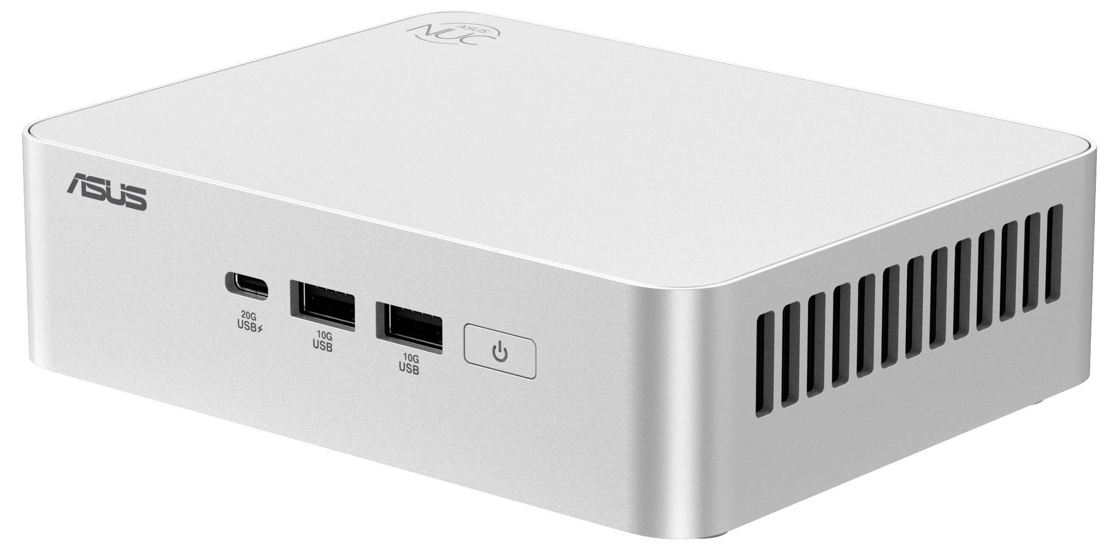 Kompaktní stříbrný mini počítač ASUS s předními porty USB a tlačítkem napájení, navržený pro efektivní používání v prostorově omezených prostředích.