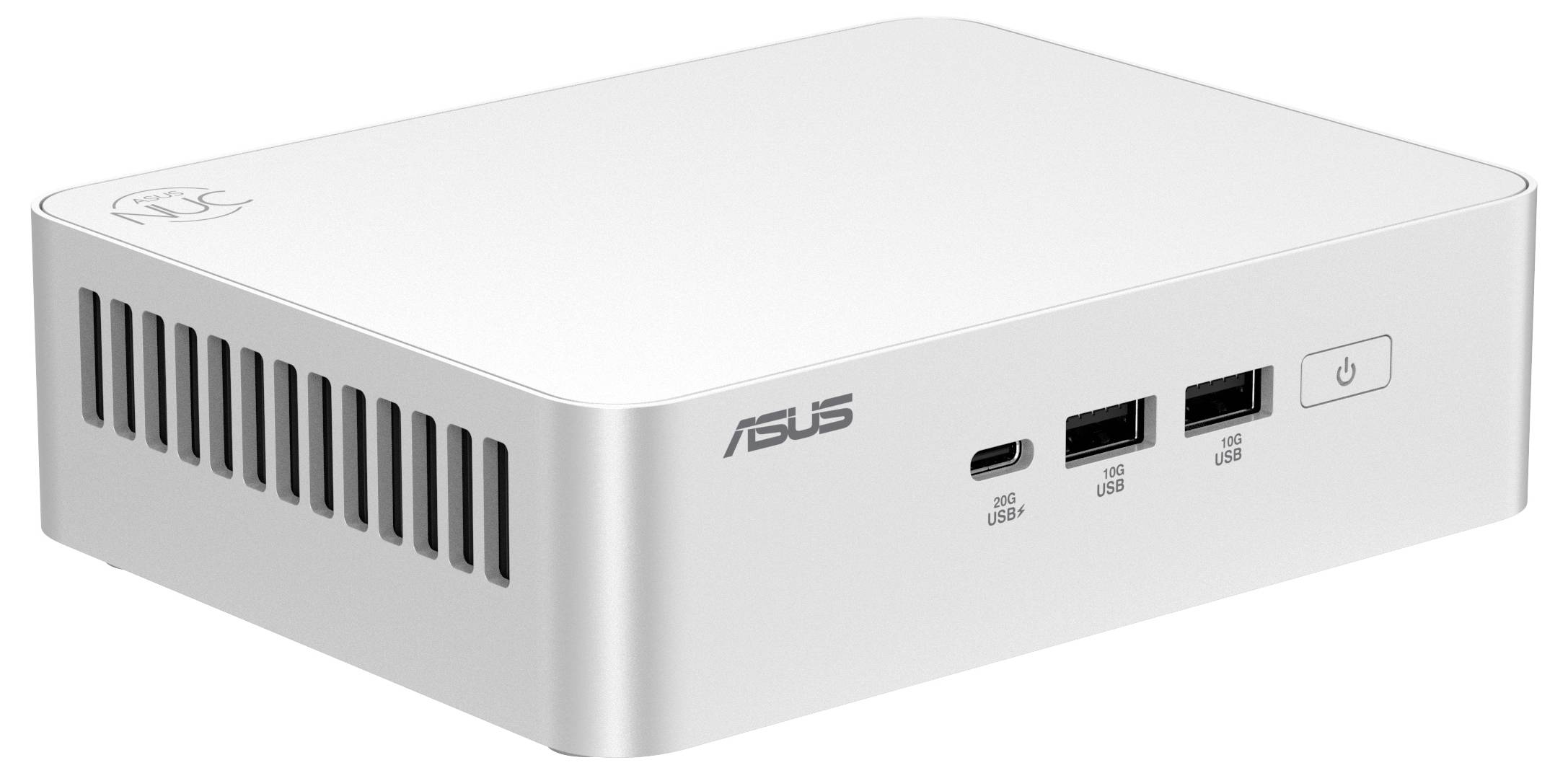 Kompaktní obdélníkové bílé zařízení s ventilačními štěrbinami na straně, logem Asus, dvěma porty USB a tlačítkem napájení na přední straně.