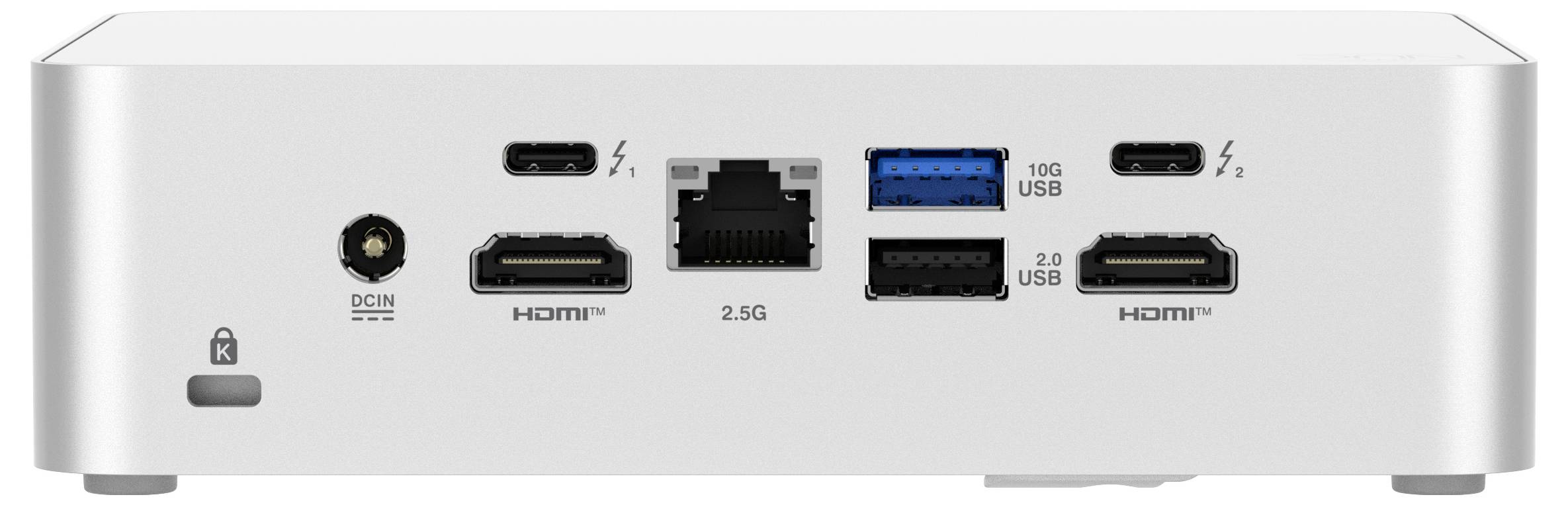 Obrázek ukazuje zadní panel elektronického zařízení se dvěma porty HDMI, jedním portem Ethernet, třemi porty USB a jedním vstupem stejnosměrné napájecího napětí.