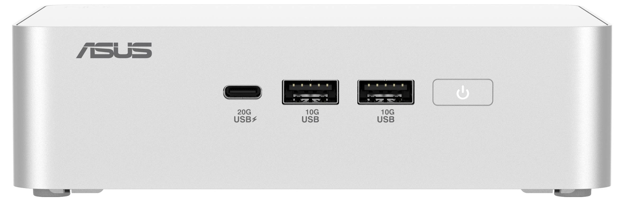 Přední pohled na malé stříbrné zařízení ASUS s dvěma porty USB-A, jedním portem USB-C označeným '20G' a tlačítkem napájení.