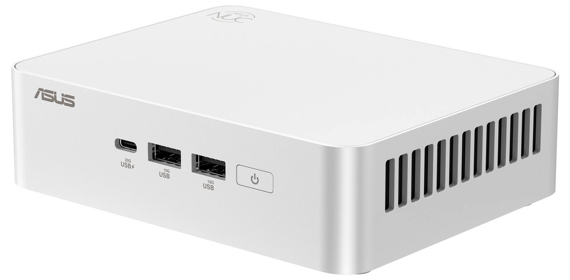 Bílý mini počítač Asus se zobrazenými předními porty a tlačítkem napájení, používaný pro kompaktní výpočetní techniku.