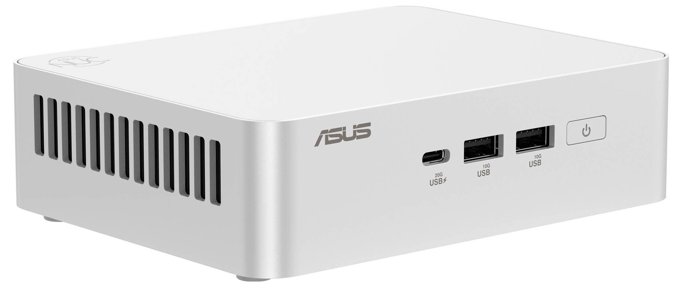 Kompaktní, bílá desktopová jednotka ASUS s USB porty a tlačítkem napájení na přední straně, která má ventilační štěrbiny na boku pro chlazení.