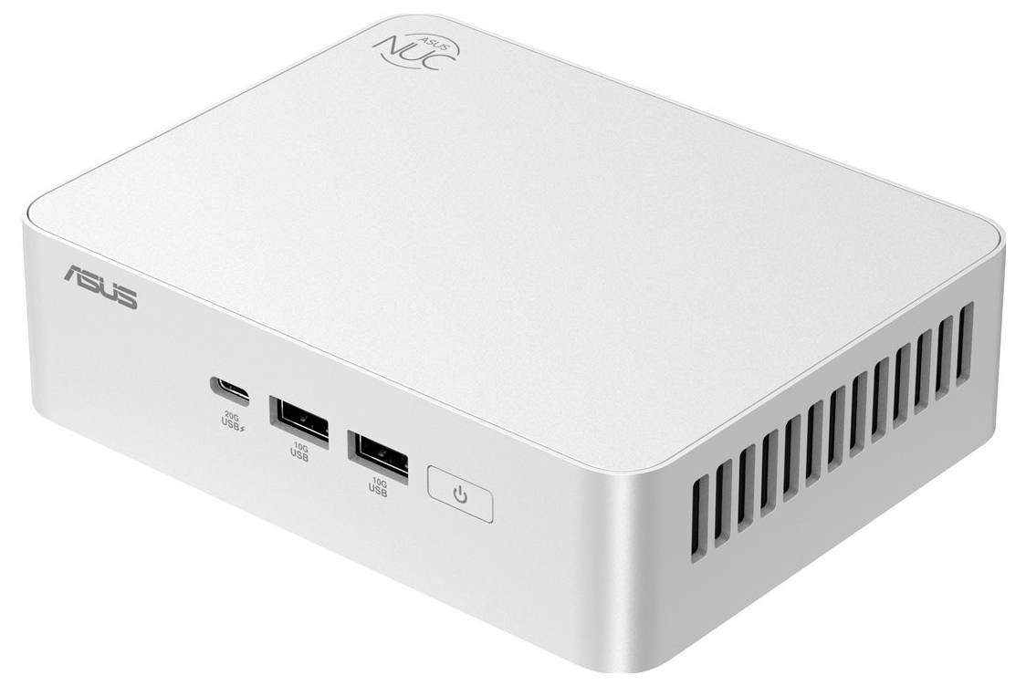 Bílý mini počítač ASUS s třemi USB porty, tlačítkem napájení a bočními větracími otvory, označený značkou 'ASUS' a 'PN42' na povrchu.