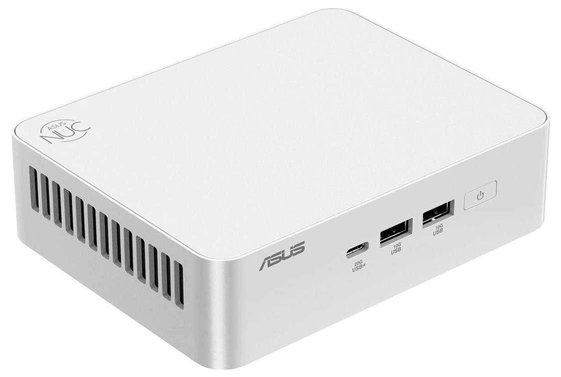 Malý bílý mini PC se značkou „Asus", vybavený porty pro USB a napájení, navržený pro kompaktní výpočetní řešení.