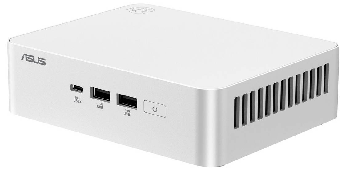 'ASUS Mini PC' se třemi předními porty USB, tlačítkem napájení na pravé straně, kompaktním bílým designem a otvory na straně pro chlazení.