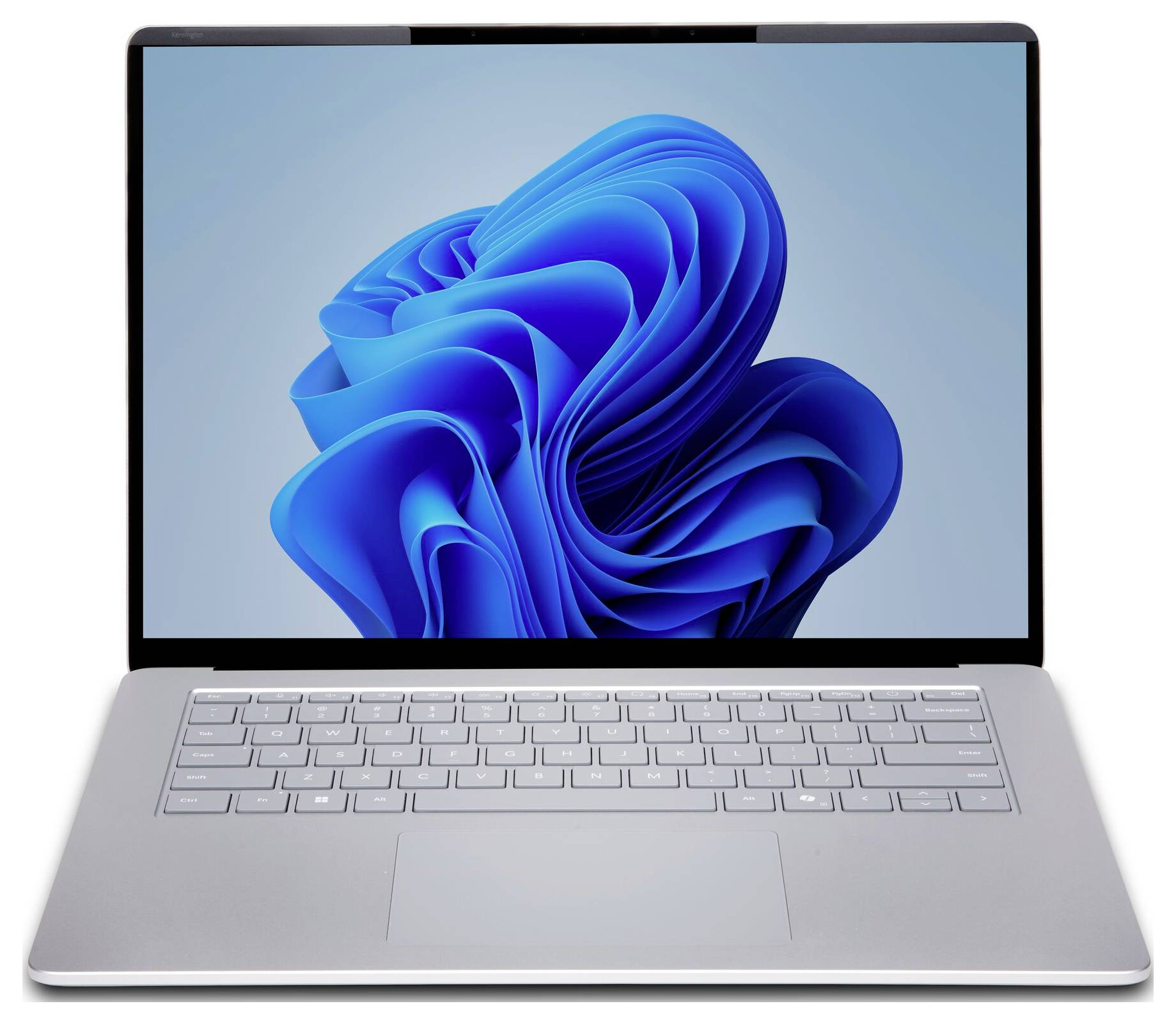 Stříbrný laptop otevřený s modrou abstraktní tapetou ve stylu Windows na obrazovce, pohled zepředu.