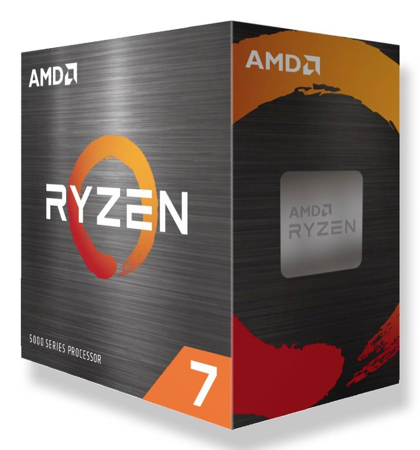 Krabice pro procesor AMD Ryzen 7 řady 5000, zobrazující logo AMD a značku Ryzen na tmavém, elegantním pozadí.