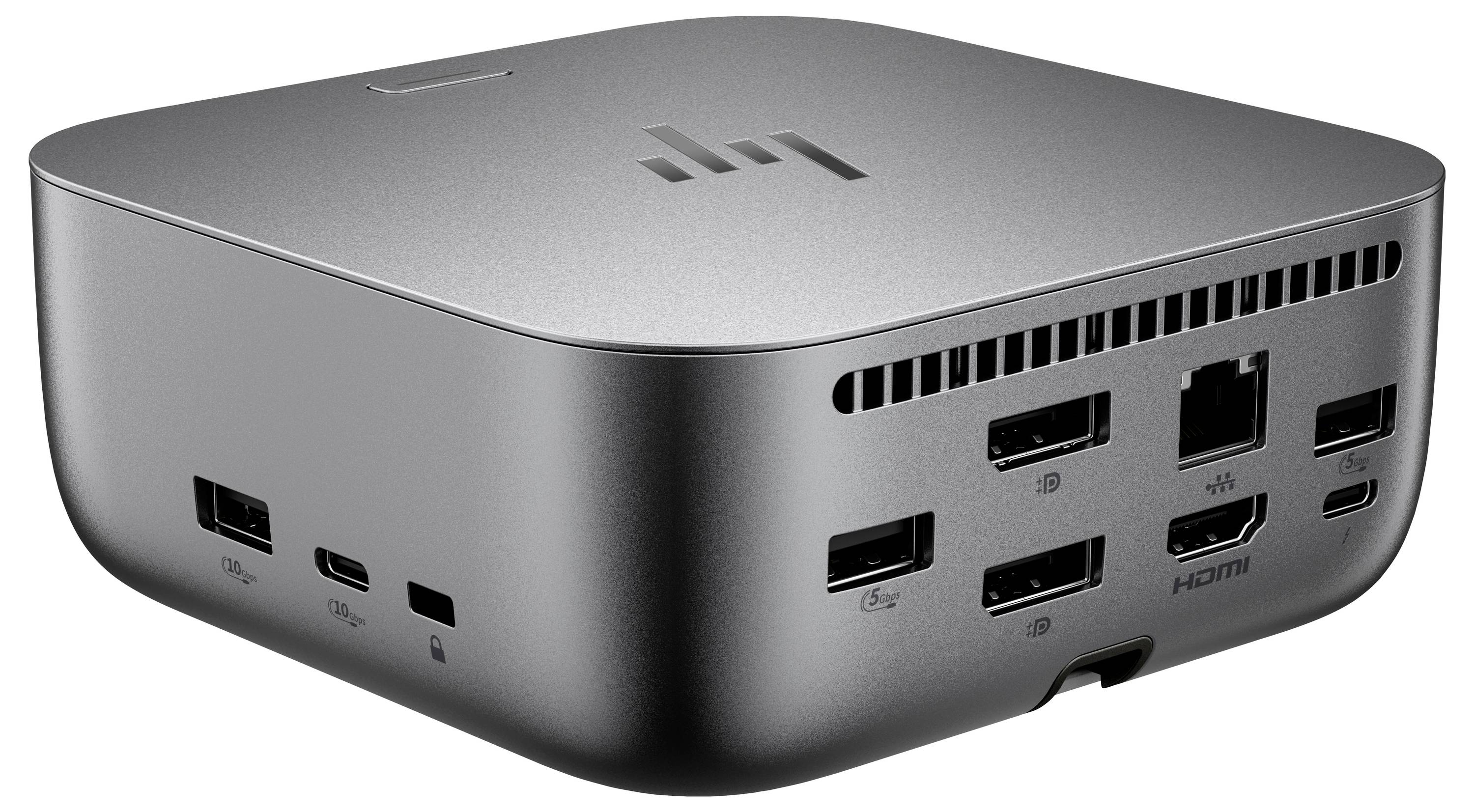 Kompaktní stříbrná dokovací stanice s více porty včetně HDMI, USB a Ethernetu, navržená pro připojení různých zařízení.