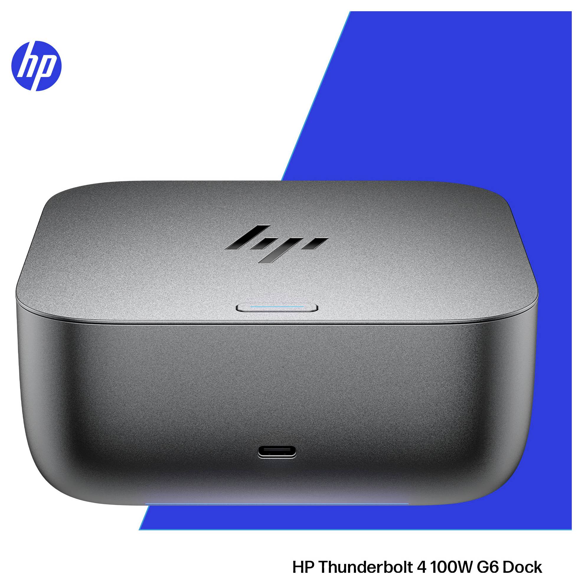 'HP Thunderbolt 4 100W G6 Dock' s minimalistickým designem, zobrazen na modrém a bílém pozadí.
