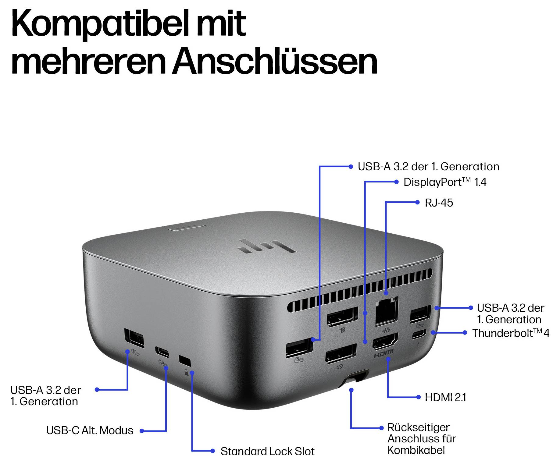 Kompaktní zařízení s více porty: USB-A 3.2, DisplayPort 1.4, RJ-45, USB-C Alt Mode, HDMI 2.1, Thunderbolt 4 a slot na zámek.