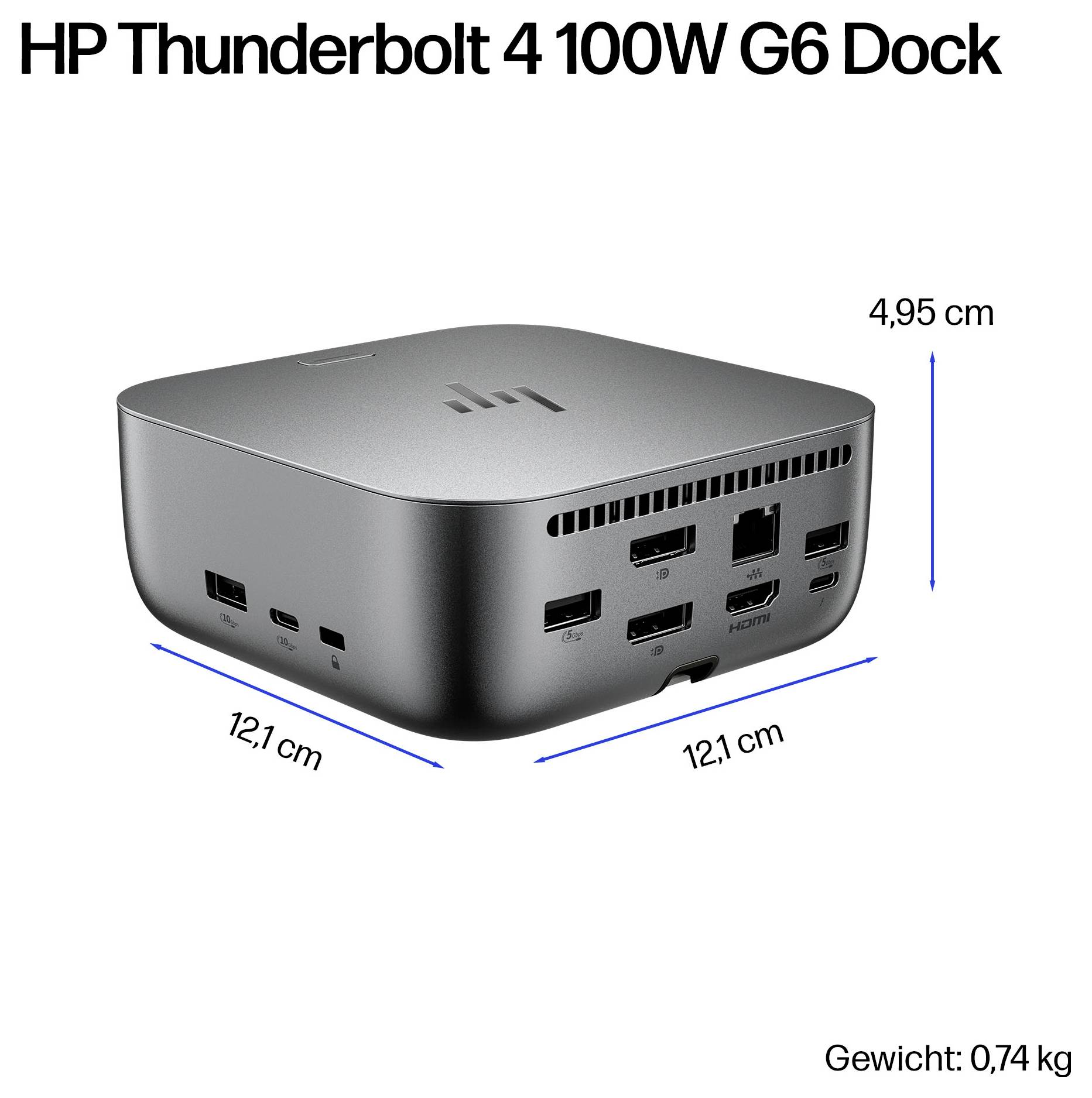 "HP Thunderbolt 4 100W G6 Dock" zobrazený s rozměry: šířka a hloubka 12,1 cm, výška 4,95 cm. Na jedné straně jsou viditelné různé porty. Hmotnost: 0,74 kg.
