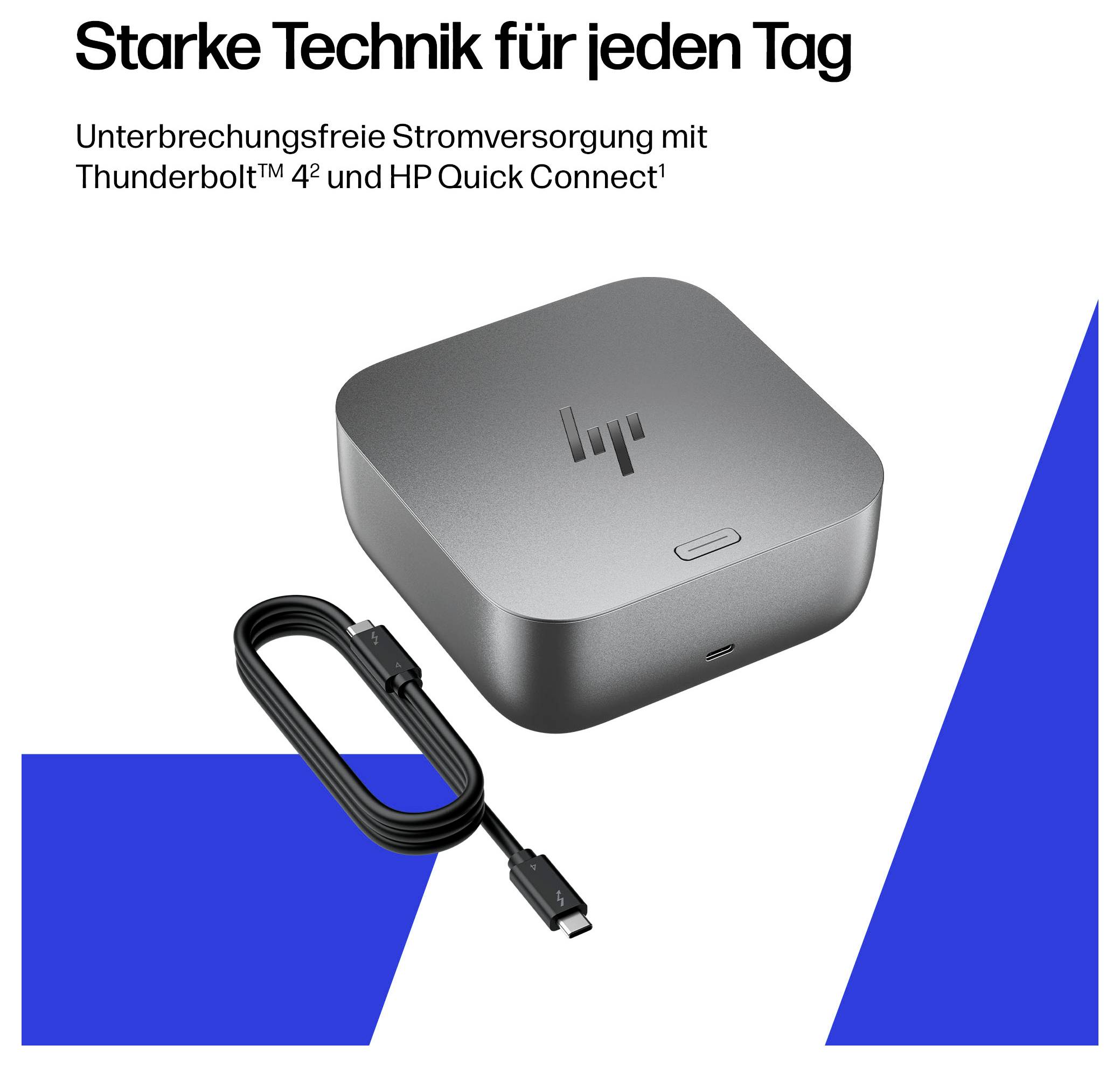 Čtvercové stříbrné zařízení s logem HP a vinutým kabelem vedle něj. Německý text zdůrazňuje spolehlivou technologii s technologií Thunderbolt™ 4.
