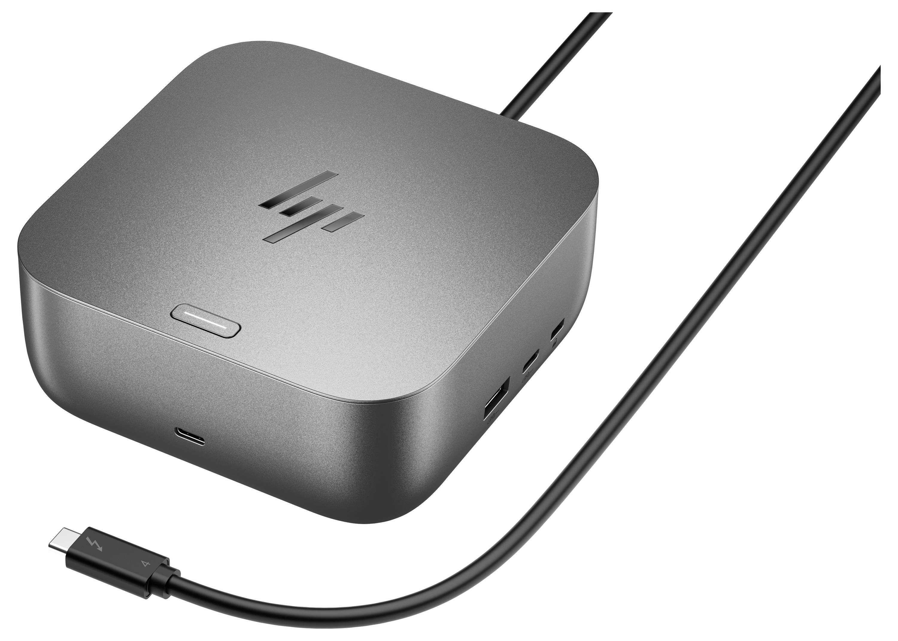 Stříbrná HP dokovací stanice s více USB porty a připojeným kabelem, určená k rozšíření možností připojení počítače.