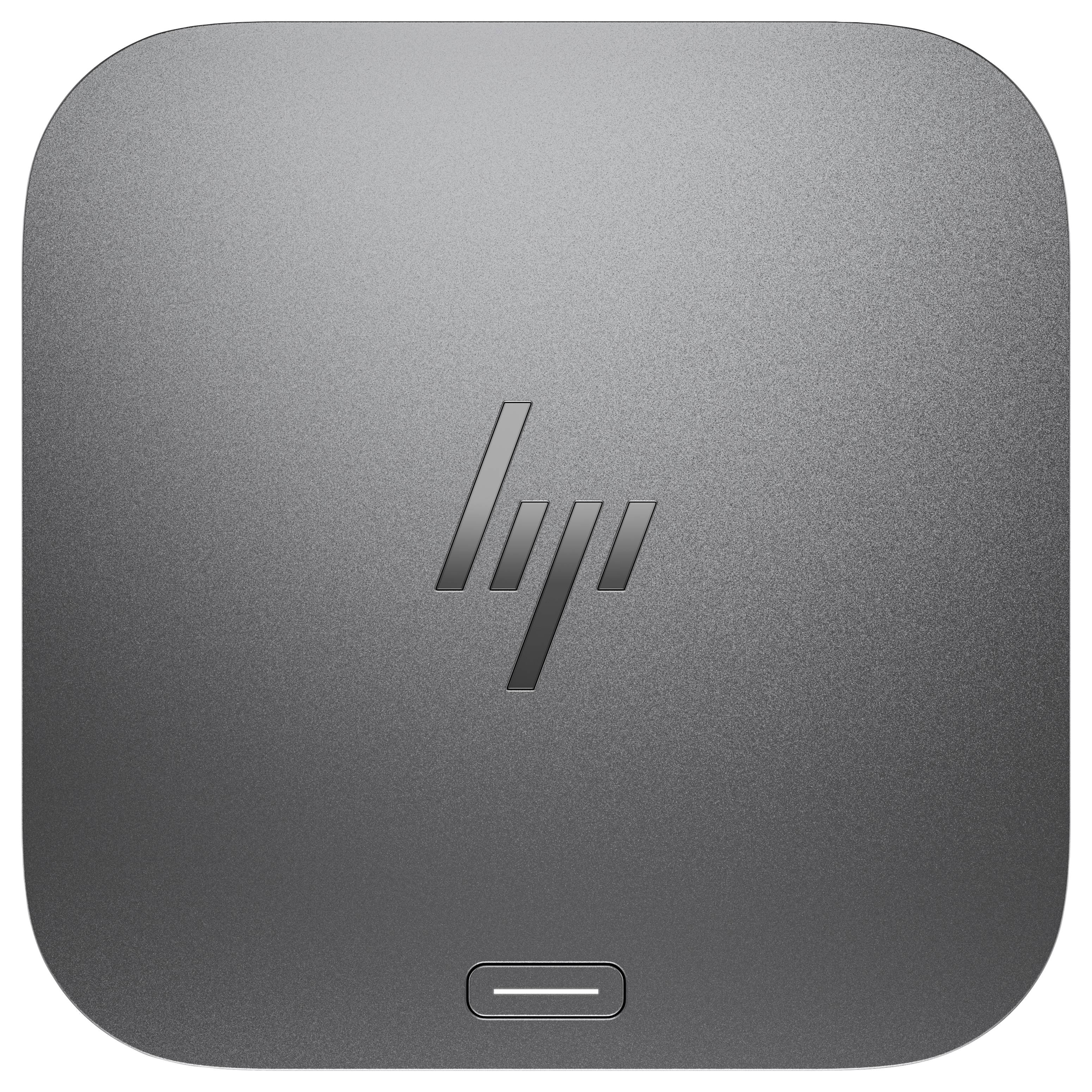 Logo „HP" na elegantním, čtvercovém zařízení s matným kovově šedým povrchem s minimalistickým designem, pohled z vrchu.