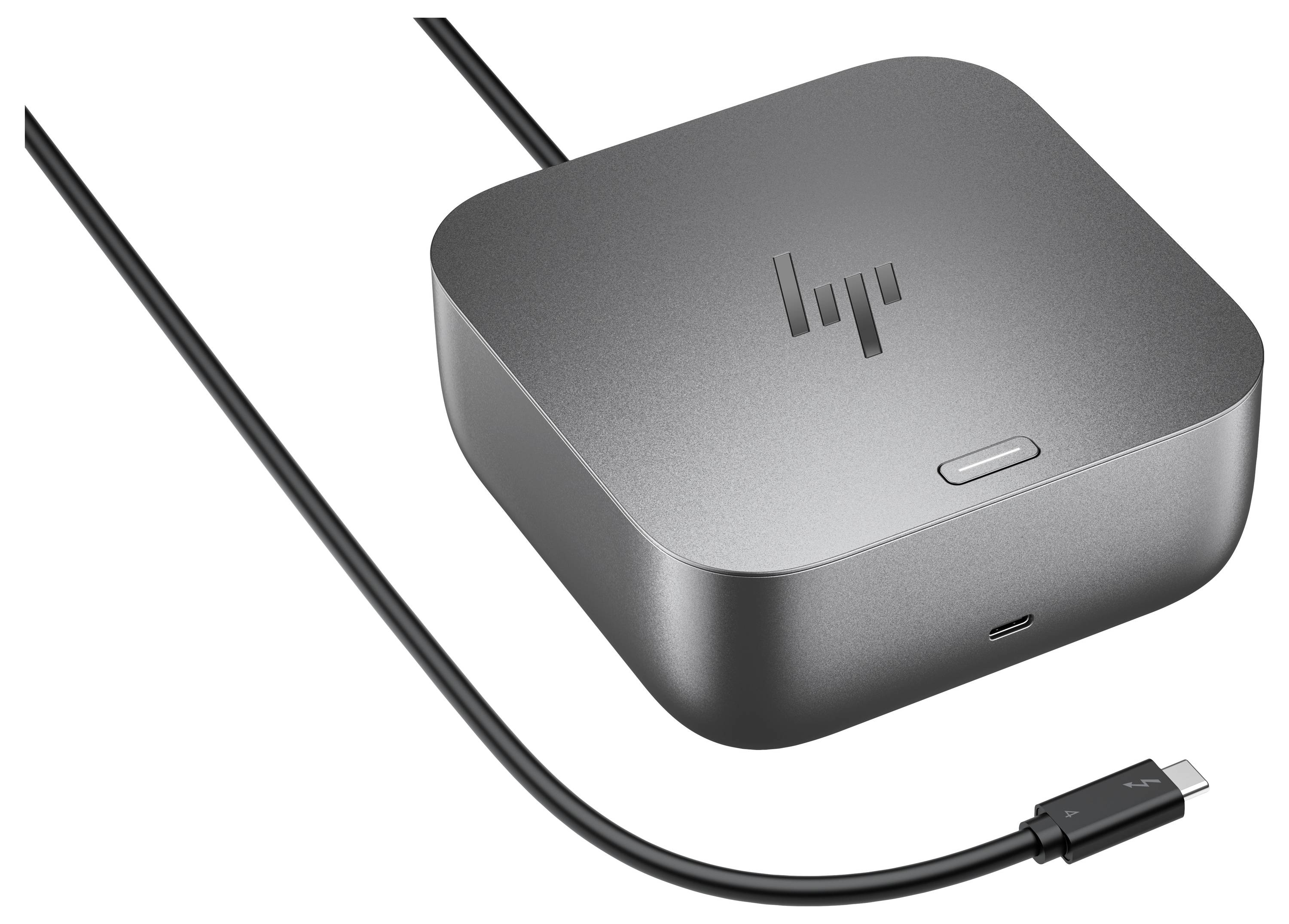 Kompaktní, šedá dokovací stanice s viditelnými USB-C kabelem připojeným, s logem na vrcholu, vhodná pro připojování zařízení.